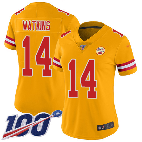 Women Kansas City Chiefs #14 Watkins Sammy Limited Gold Inverted Legend 100th Season Football Nike NFL Jersey->women nfl jersey->Women Jersey